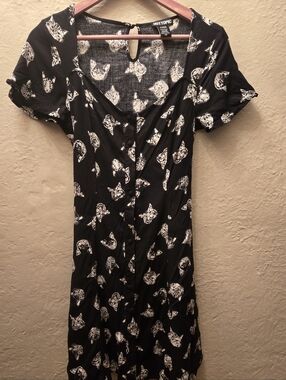 Hot Topic Black Cat Print Dress Button Front Fit & Flare Goth Mini M